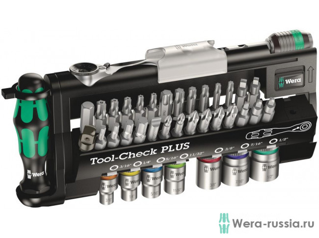 Набор бит и головой с трещоткой и отвёрткой-битодержателем WERA Tool-Check PLUS Imperial 39 пр. 056491 WE-056491 - Наборы бит в фирменном магазине WERA